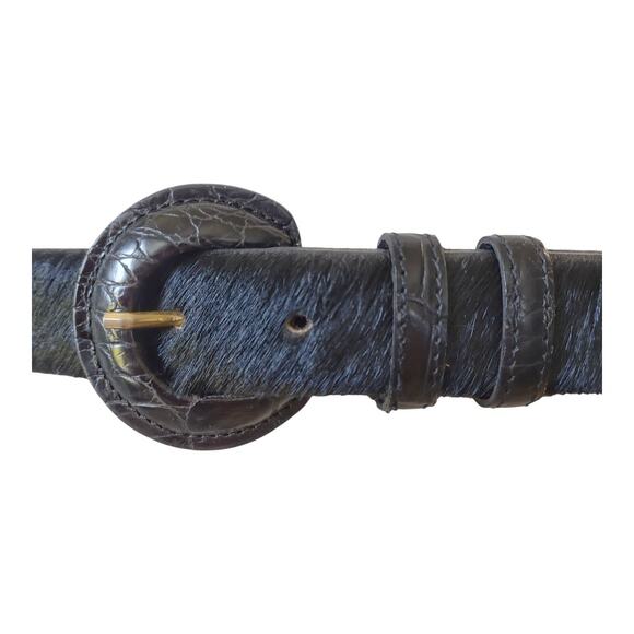 TAROX Black Hide Leather & Fur Belt Size L Minimalist Simple Statement Piece - Picture 1 of 10